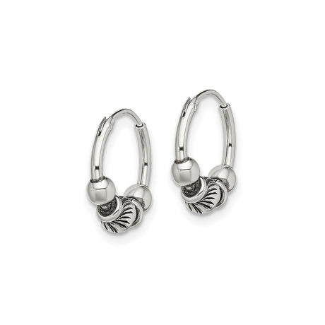 Sterling Silver Hoop Earrings with Tribal Beaded Design and Oxidized Detailing