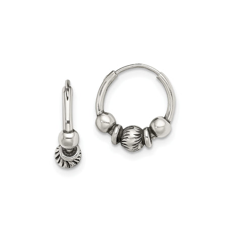 Sterling Silver Hoop Earrings with Tribal Beaded Design and Oxidized Detailing