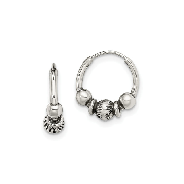 Sterling Silver Hoop Earrings with Tribal Beaded Design and Oxidized Detailing