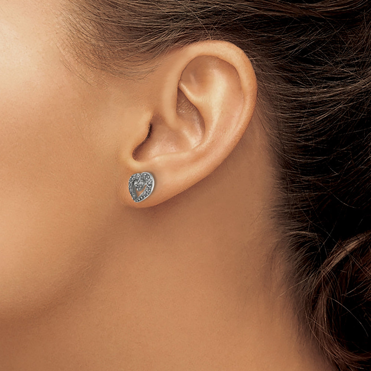 Sterling Silver Heart Stud Earrings with Cubic Zirconia Pavé Design