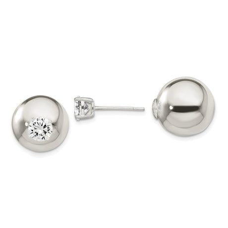 Sterling Silver Stud Earrings with Cubic Zirconia Center, Polished Dome Design for Women