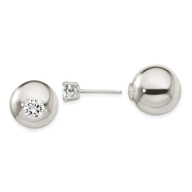 Sterling Silver Stud Earrings with Cubic Zirconia Center, Polished Dome Design for Women