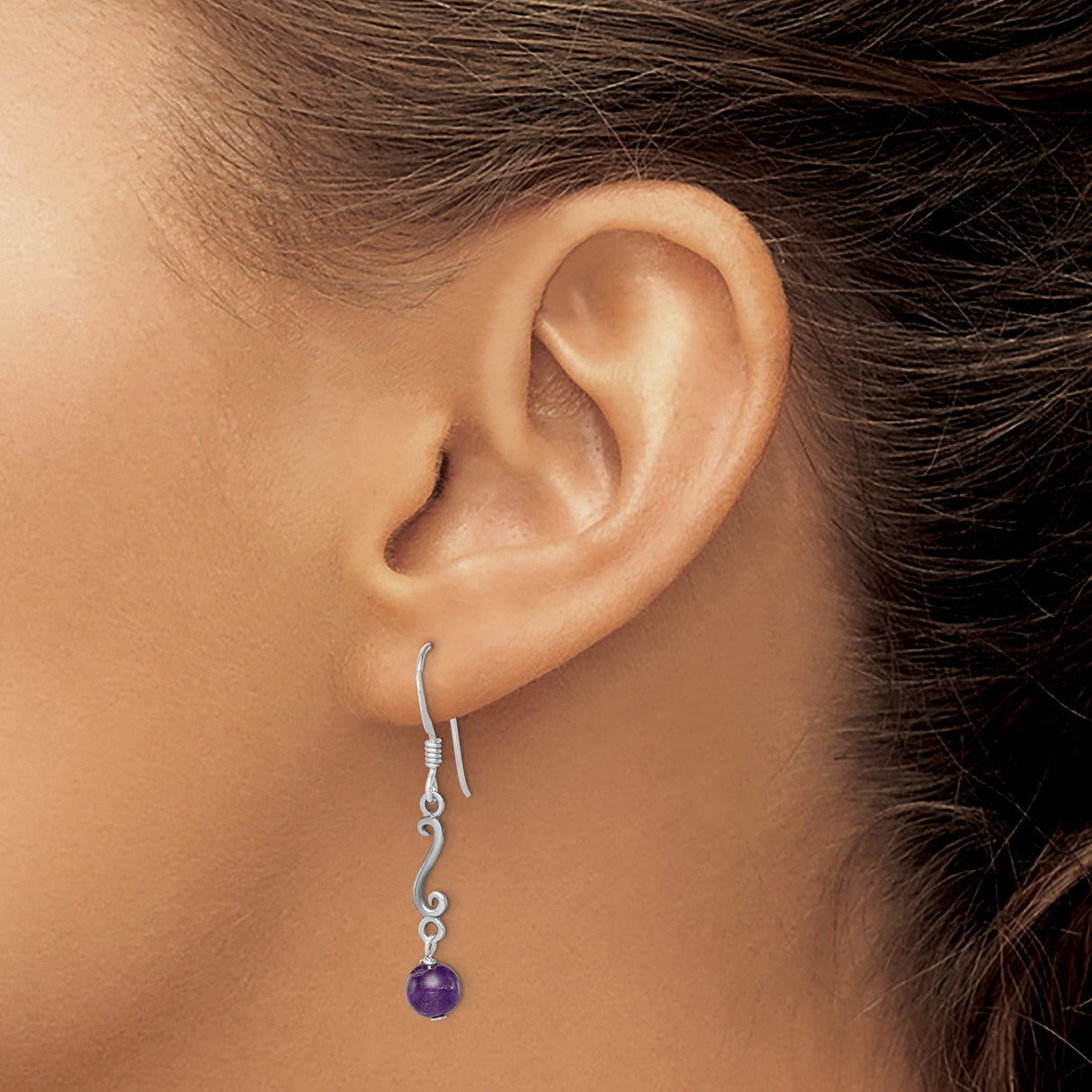 Sterling Silver Dangle Earrings with Amethyst, Swirl and Textured Bar Vintage Design