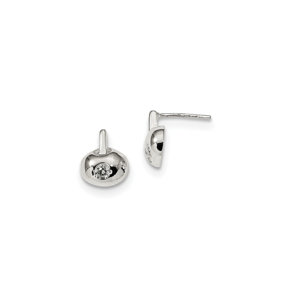 Sterling Silver Stud Earrings with Cubic Zirconia, Domed Minimalist Design, Polished Finish