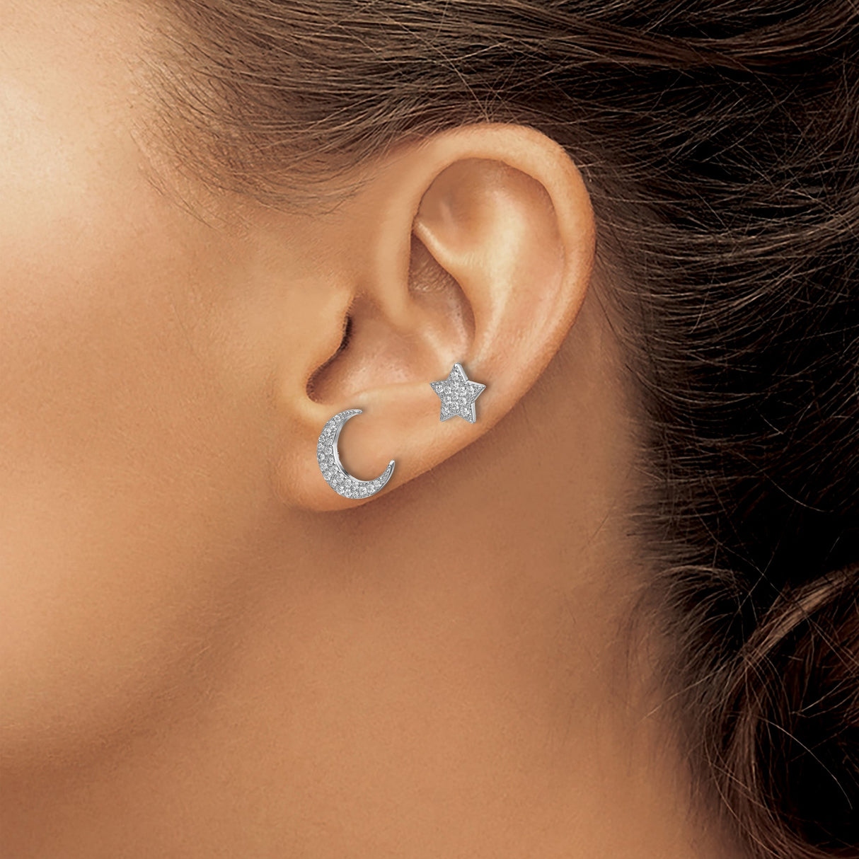 Sterling Silver Stud Earrings with Cubic Zirconia Moon and Star Design, Bohemian Celestial Style