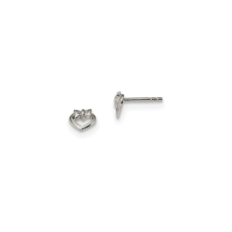 Sterling Silver Heart Stud Earrings with Bow Detail, Open Heart Design, Romantic Minimalist Style