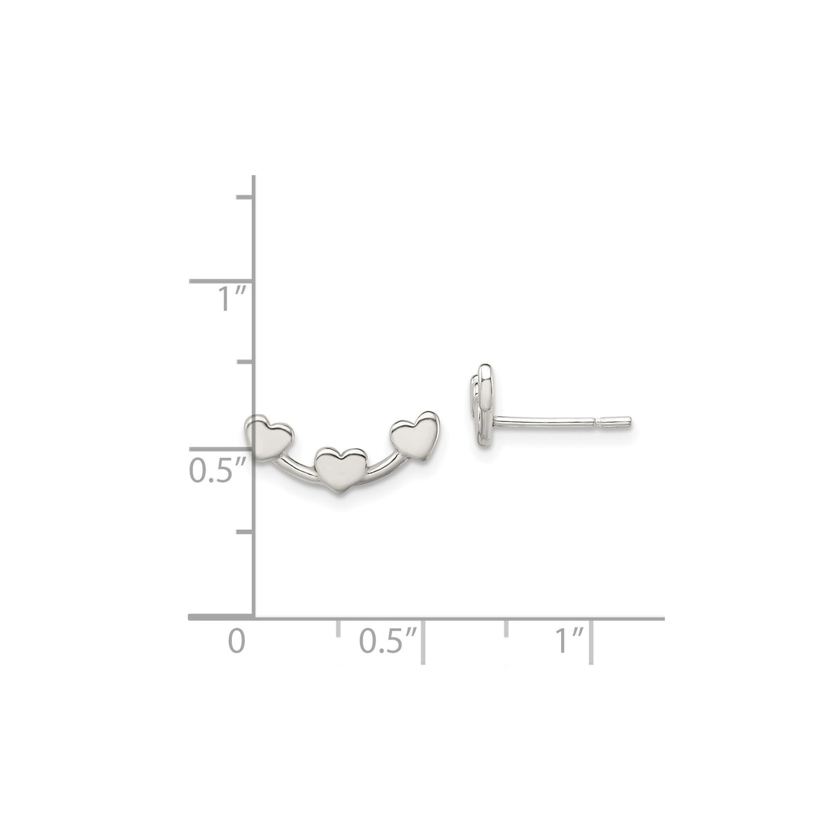 Sterling Silver Heart Ear Climber Earrings with Three Polished Hearts, Minimalist Design for Women