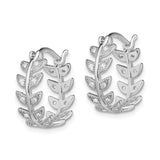 Sterling Silver Hoop Earrings with Cubic Zirconia, Textured Leaf Design, Botanical Style