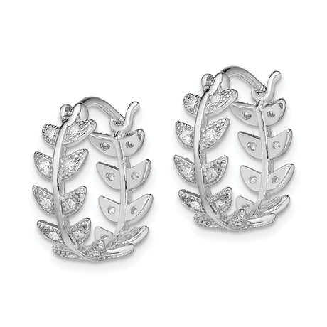 Sterling Silver Hoop Earrings with Cubic Zirconia, Textured Leaf Design, Botanical Style