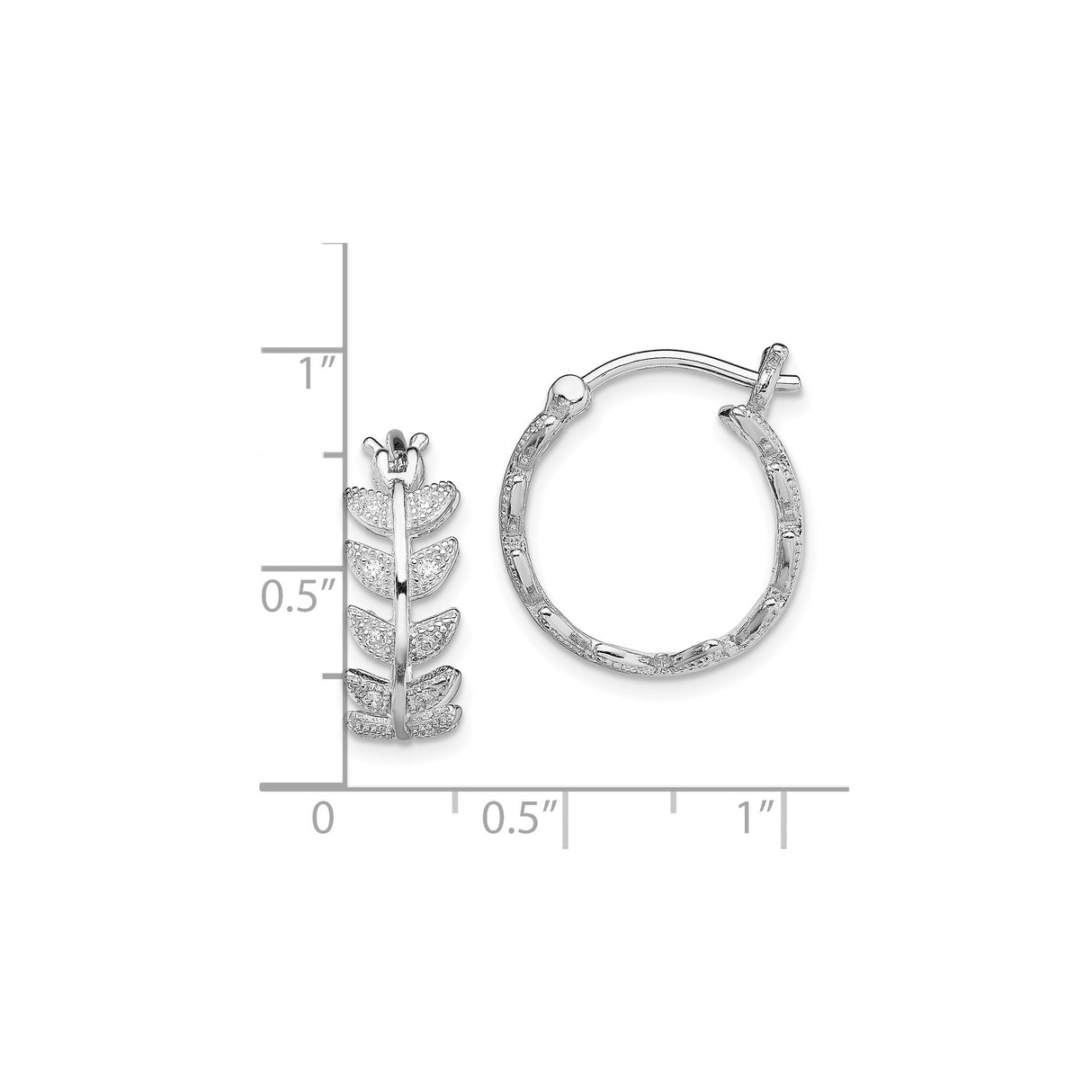 Sterling Silver Hoop Earrings with Cubic Zirconia, Textured Leaf Design, Botanical Style