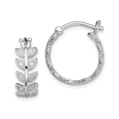 Sterling Silver Hoop Earrings with Cubic Zirconia, Textured Leaf Design, Botanical Style