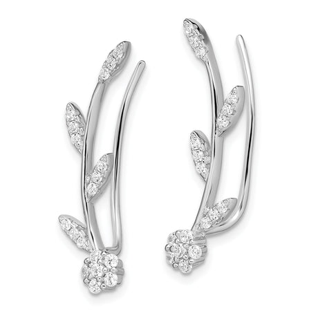 Sterling Silver Ear Climbers with Cubic Zirconia, Floral Vine and Leaf Design for Women