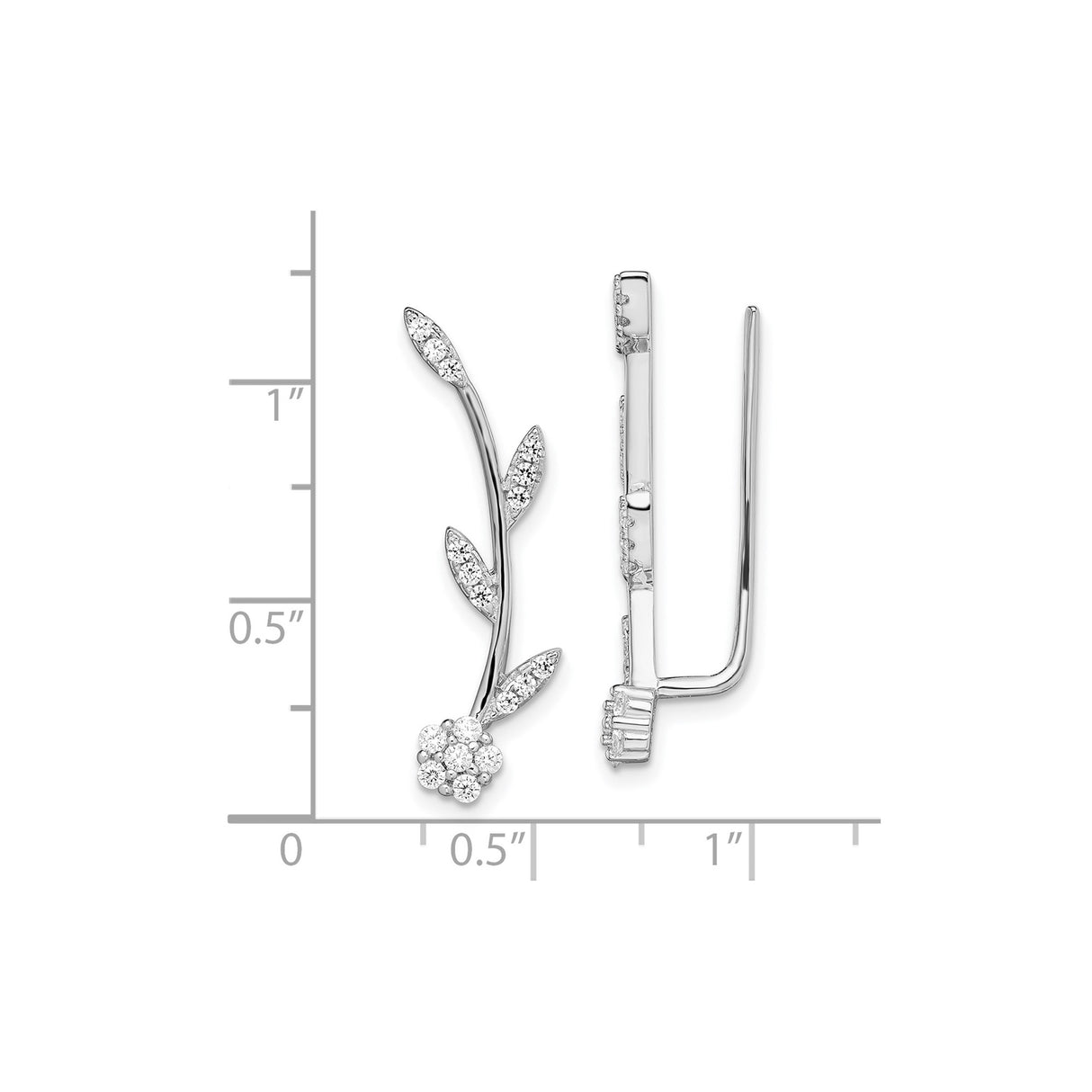 Sterling Silver Ear Climbers with Cubic Zirconia, Floral Vine and Leaf Design for Women