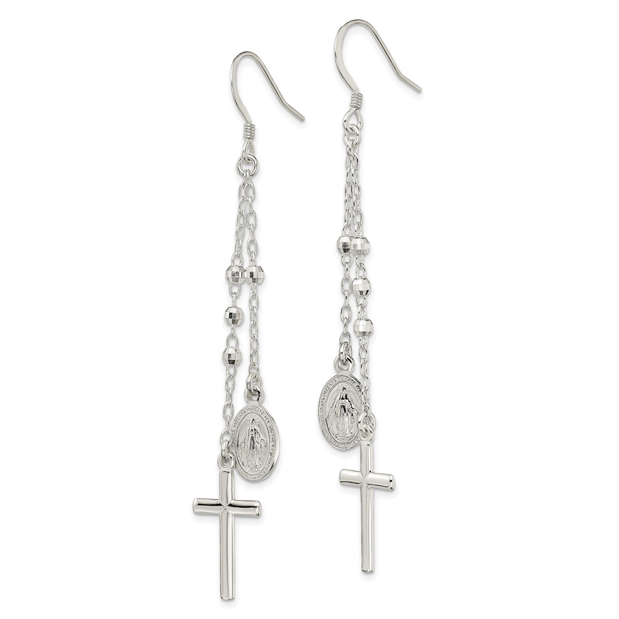 Sterling Silver Latin Cross Pendant with Beaded Design and Miraculous Medal Charm
