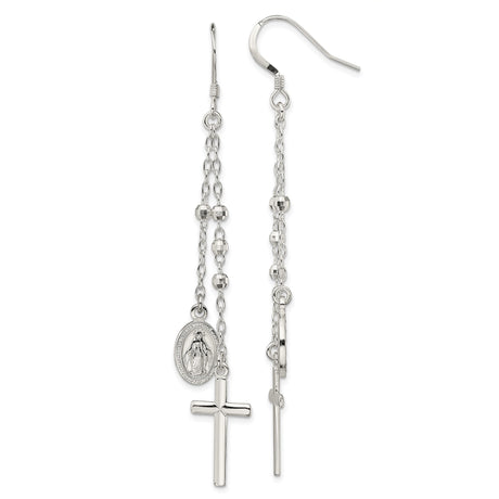Sterling Silver Latin Cross Pendant with Beaded Design and Miraculous Medal Charm