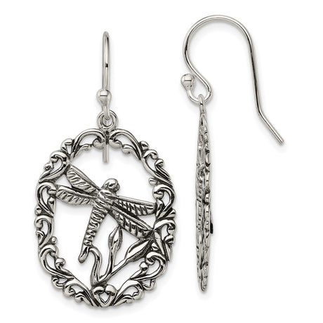 Sterling Silver Dragonfly Dangle Earrings with Ornate Oval Frame, Nature Inspired Boho Design