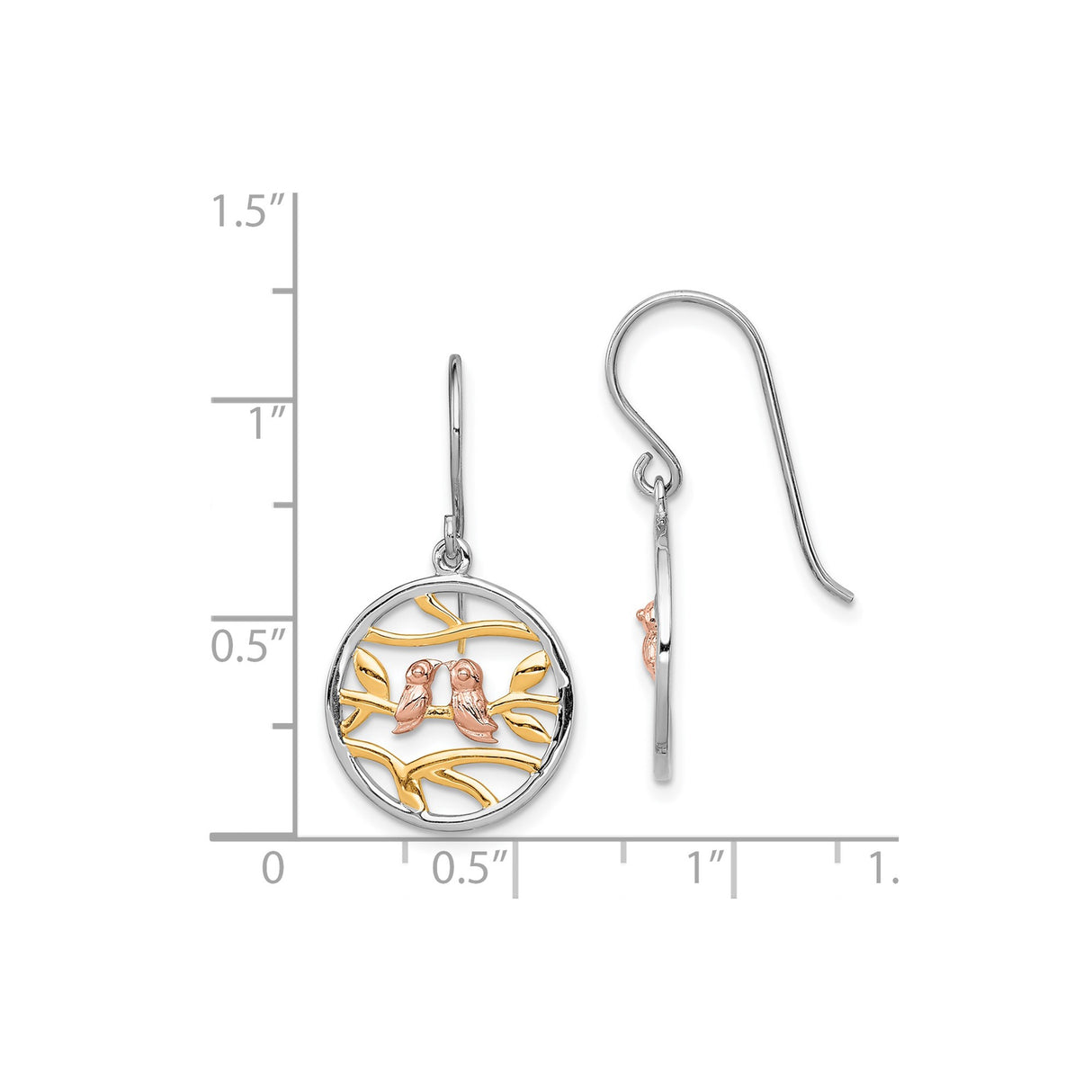 Sterling Silver Dangle Earrings with Openwork Round Design and Rose Gold Birds on Gold Branches