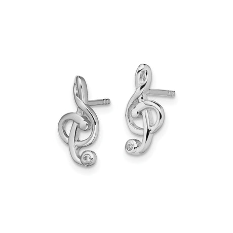 Sterling Silver Treble Clef Stud Earrings with Clear Gem