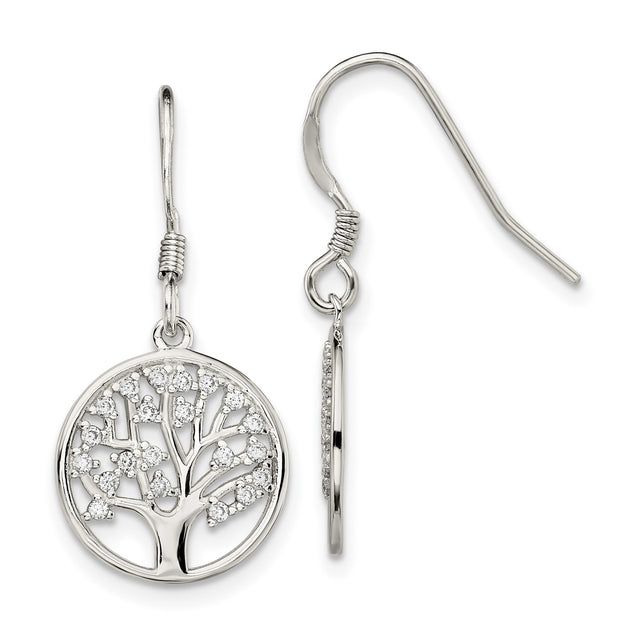 Sterling Silver Dangle Earrings with Cubic Zirconia, Tree of Life Design for Women
