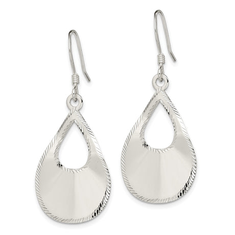 Sterling Silver Teardrop Dangle Earrings with High Polish Finish and Etched Edge Detail