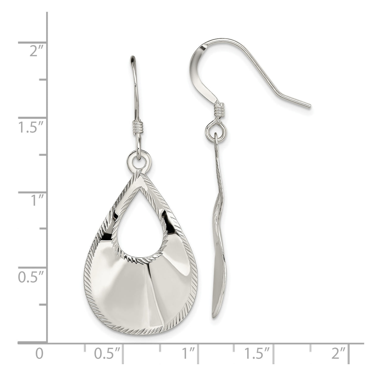 Sterling Silver Teardrop Dangle Earrings with High Polish Finish and Etched Edge Detail
