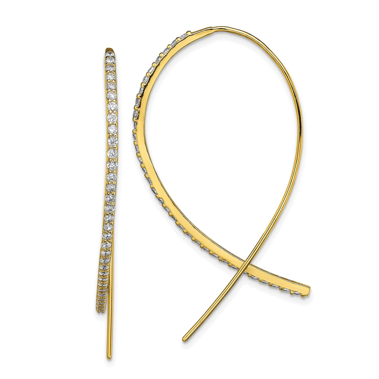 Sterling Silver Threader Earrings with Cubic Zirconia, Sleek Curved Minimalist Dangle Style