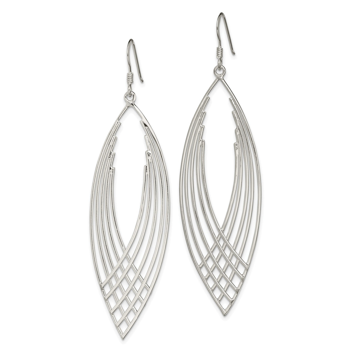Sterling Silver Dangle Earrings with Layered Marquise Shape and Openwork Lattice Design