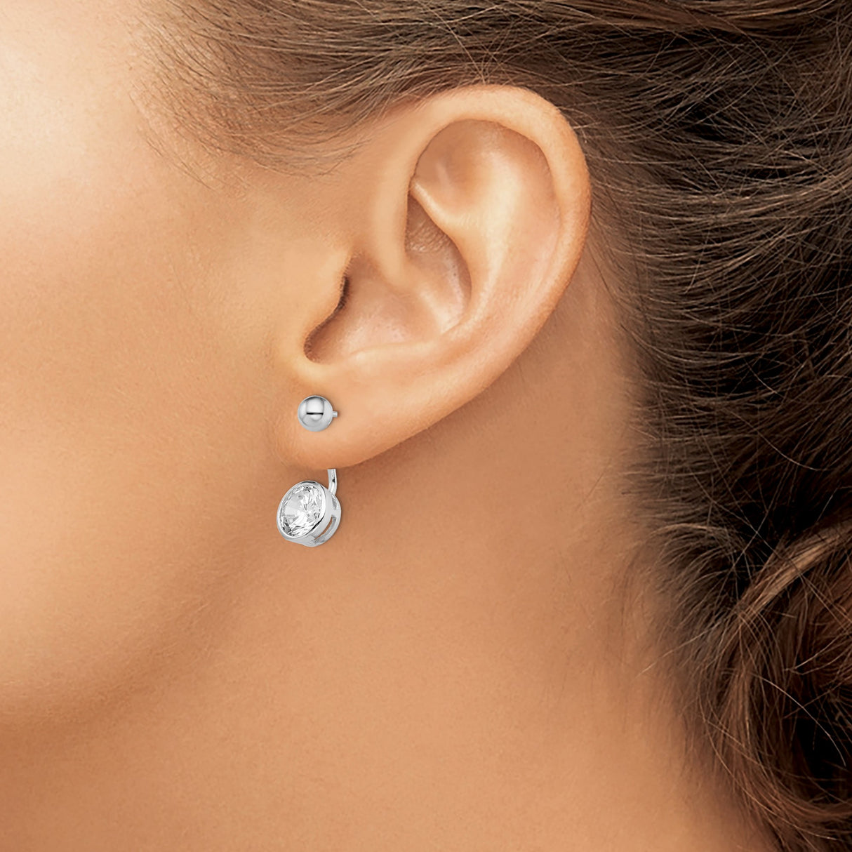 Sterling Silver Dangle Earrings with Clear Cubic Zirconia in Bezel Setting, Polished Ball Drop Design