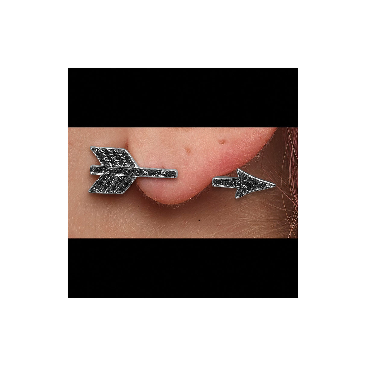 Sterling Silver Arrow Stud Earrings with Black Cubic Zirconia, Minimalist Boho Style