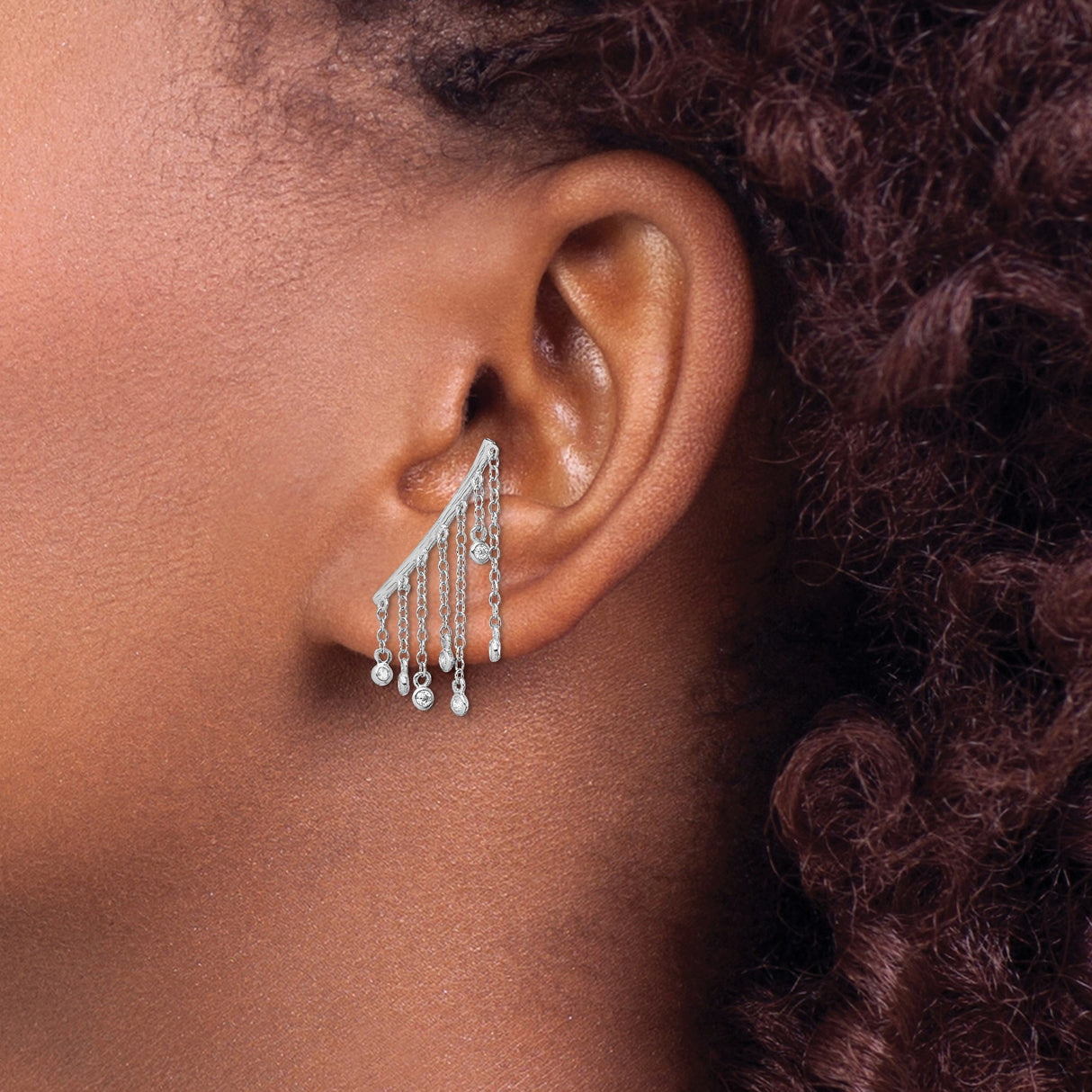 Sterling Silver Dangle Earrings with Cubic Zirconia Accents and Long Chain Fringe Design