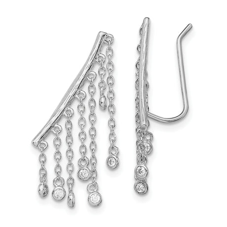 Sterling Silver Dangle Earrings with Cubic Zirconia Accents and Long Chain Fringe Design