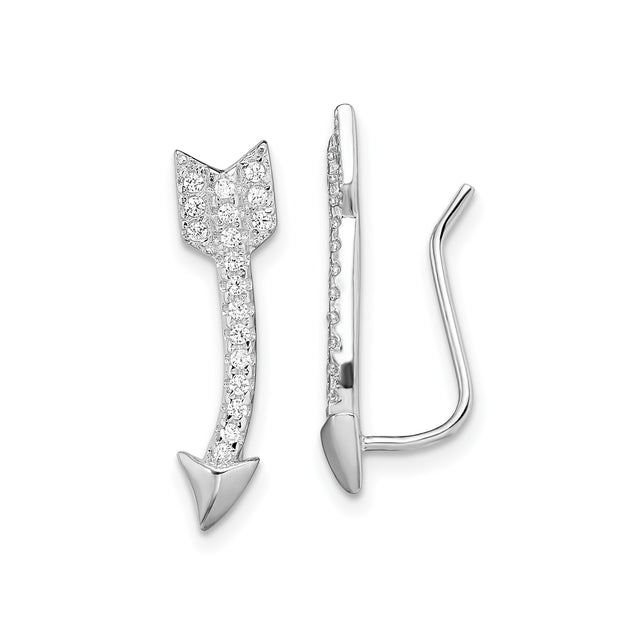 Sterling Silver Arrow Ear Climber Earrings with Cubic Zirconia, Minimalist Modern Design for Women