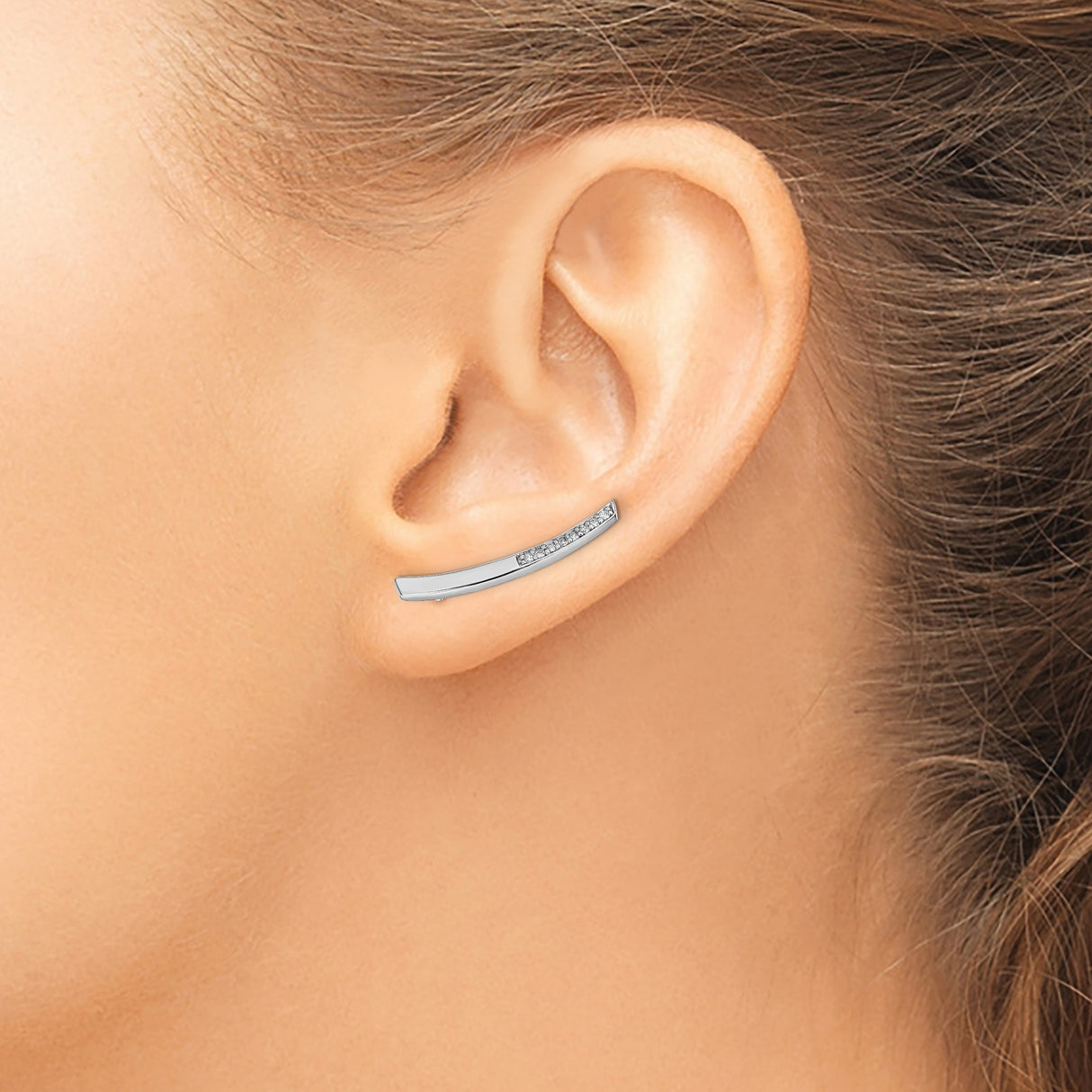 Sterling Silver Threader Earrings with Cubic Zirconia, Curved Bar Linear Drop Design for Women