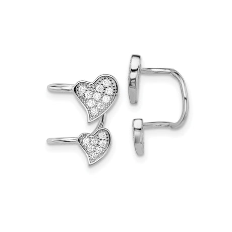 Sterling Silver Double Heart Ear Cuff Earrings for Women with Sparkling Pavé Hearts, Stacked Vertical Design, Modern Romantic Silver Jewelry, Non-Pierced Dainty Love Symbol Accessory