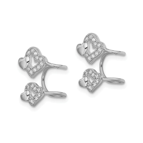 Sterling Silver Double Heart Cuff Earrings Cubic Zirconia
