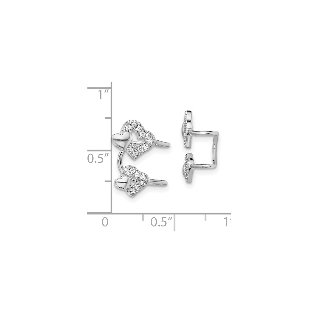 Sterling Silver Double Heart Cuff Earrings Cubic Zirconia