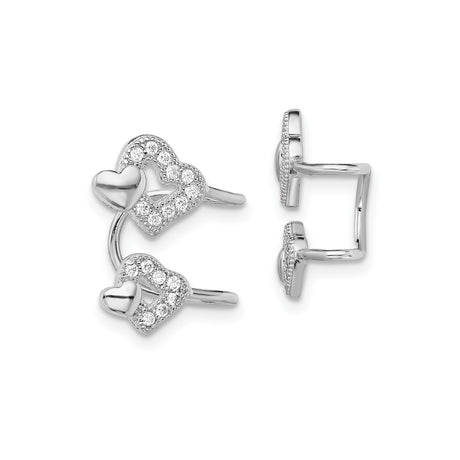 Sterling Silver Cuff Earrings for Women with Double Heart Design, Sparkling Cubic Zirconia Accents, Polished Silver Overlay, Romantic Symbolic Jewelry for Valentines Day, Anniversary, or Daily Wear