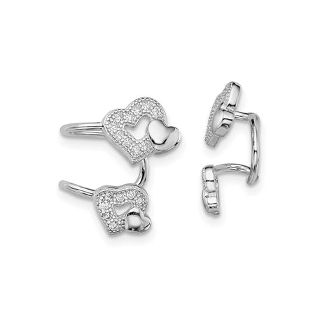 Sterling Silver Open Cuff Ring with Double Heart Design Featuring One Pavé Cubic Zirconia Heart and One Polished Heart, Adjustable Promise or Anniversary Ring for Women, Fashion Jewelry Statement