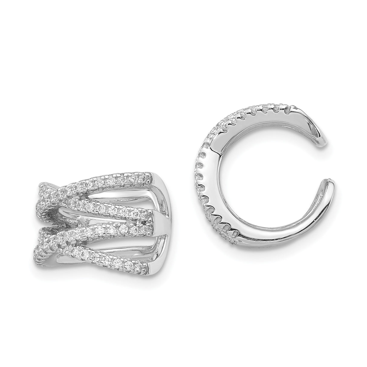 Sterling Silver Ear Cuff for Women with Layered Crossover Design, Pavé Cubic Zirconia, Nonpierced Double Band Style, Trendy Modern Statement Earwear, Fashion Earrings for Daily Wear