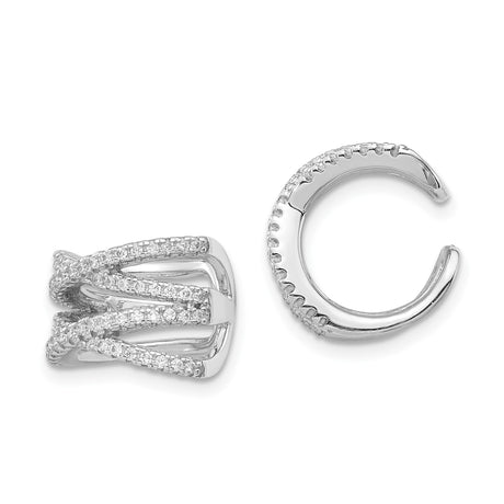 Sterling Silver Ear Cuff for Women with Layered Crossover Design, Pavé Cubic Zirconia, Nonpierced Double Band Style, Trendy Modern Statement Earwear, Fashion Earrings for Daily Wear