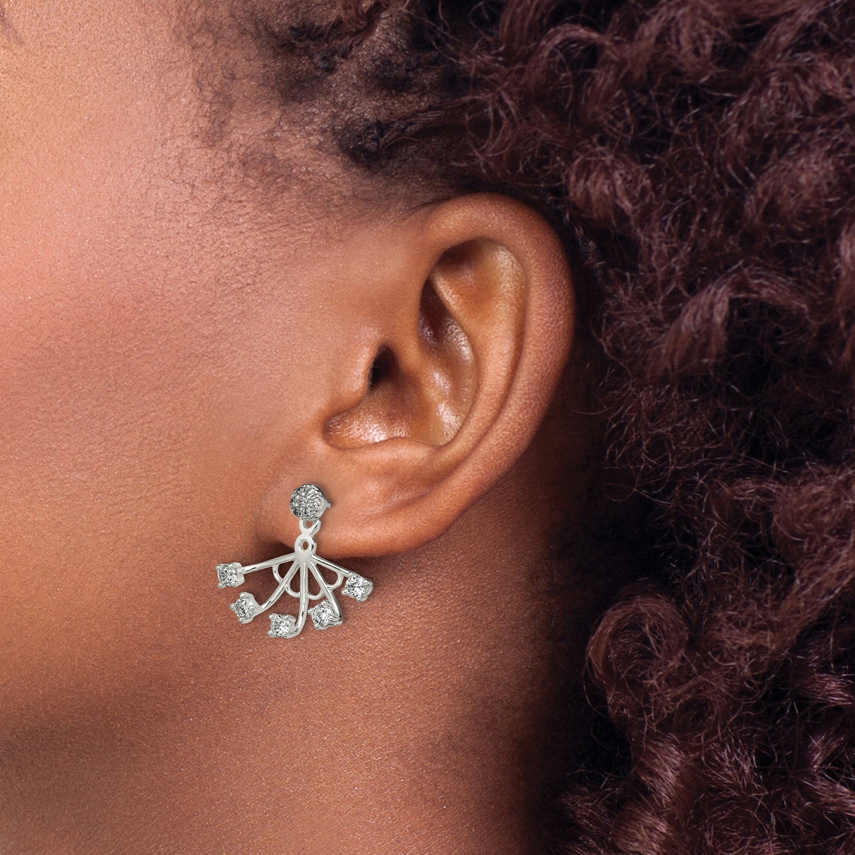 Sterling Silver Jacket Earrings with Cubic Zirconia, Modern Fan Design Front Back Studs