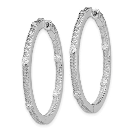 Sterling Silver Hoop Earrings with Cubic Zirconia, Textured Polished Design for Women