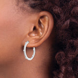 Sterling Silver Hoop Earrings with Cubic Zirconia, Textured Double Row Design, Polished Finish
