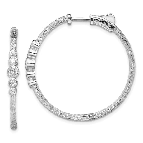 Sterling Silver Hoop Earrings with Cubic Zirconia, Textured Hammered Finish, Lightweight Design