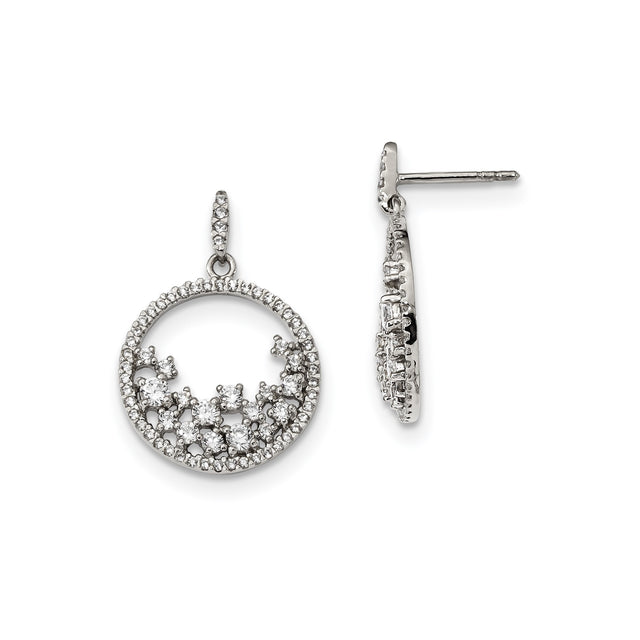 Sterling Silver Dangle Earrings with Cubic Zirconia, Open Circle Wave Design