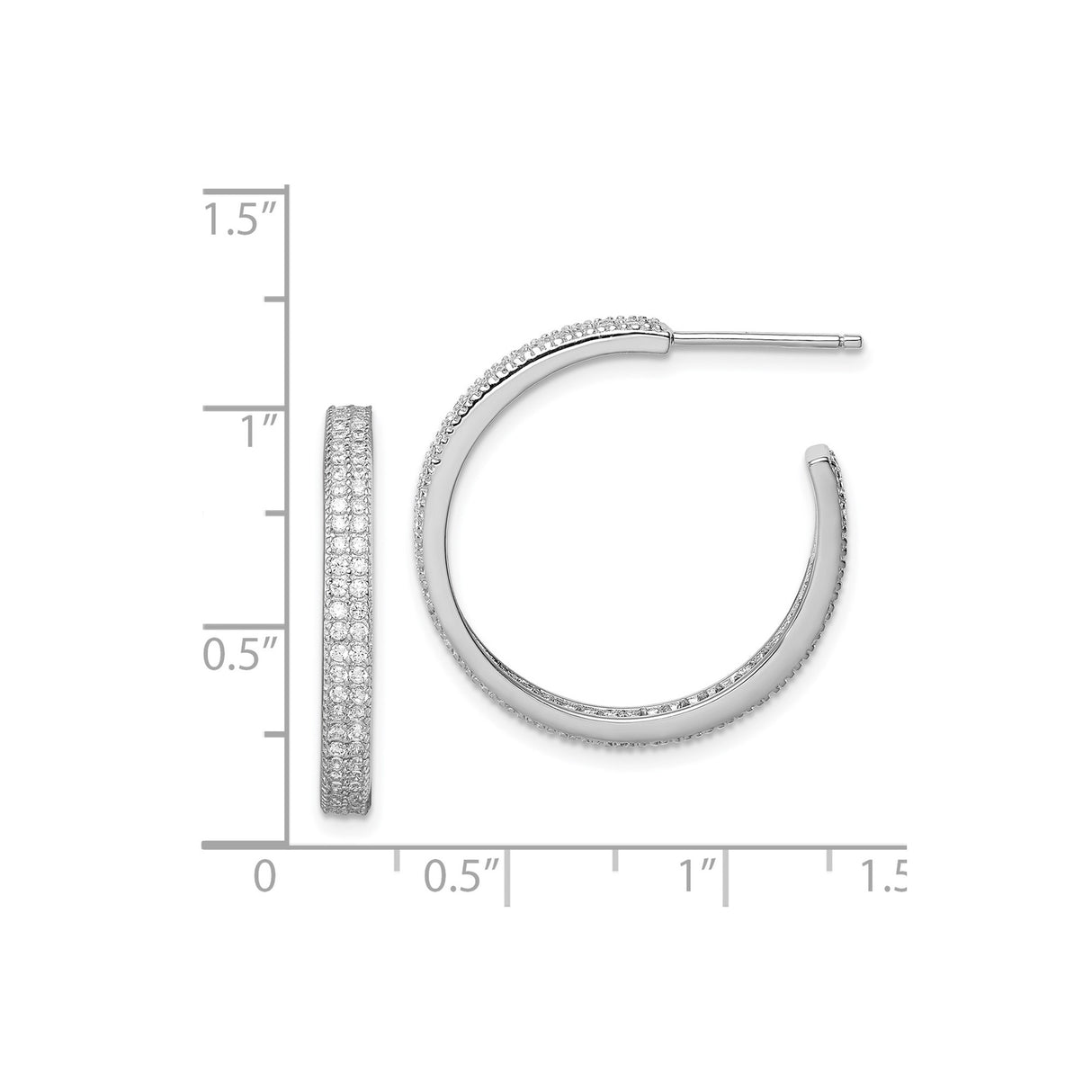 Sterling Silver Hoop Earrings with Triple Row Round Cut Cubic Zirconia Pavé Setting