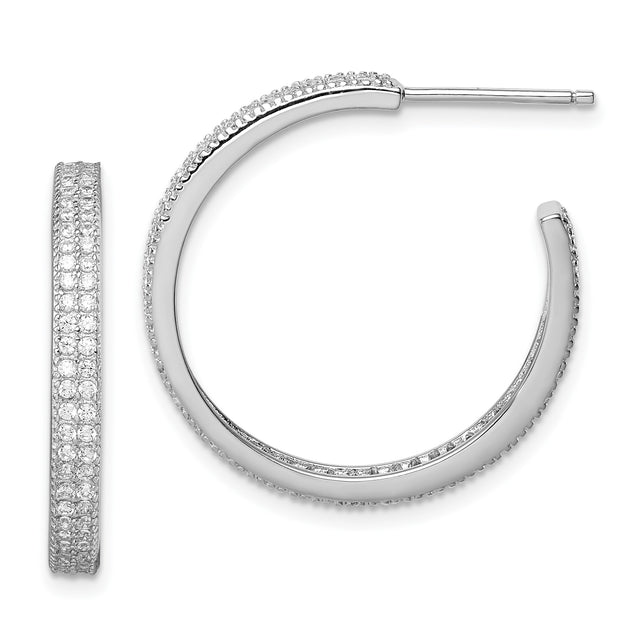 Sterling Silver Hoop Earrings with Triple Row Round Cut Cubic Zirconia Pavé Setting