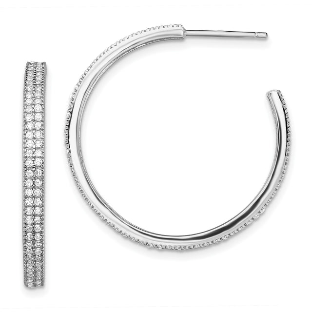 Sterling Silver Hoop Earrings with Triple Row Pave Cubic Zirconia, Modern Large Sparkle Style