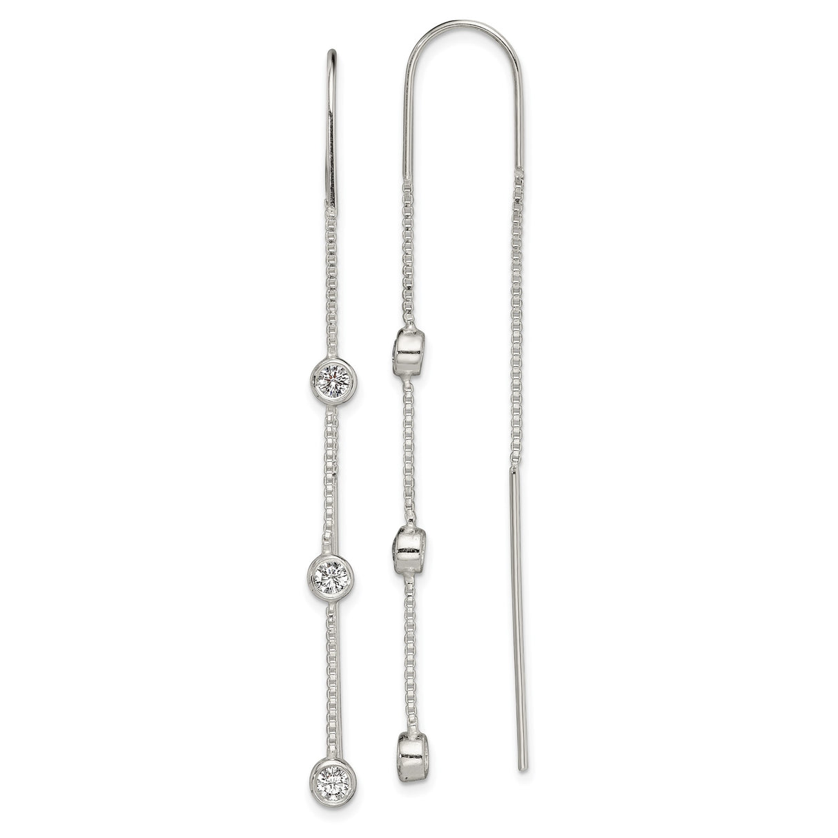 Sterling Silver Threader Earrings with Cubic Zirconia, Box Chain, Minimalist Dangle Style