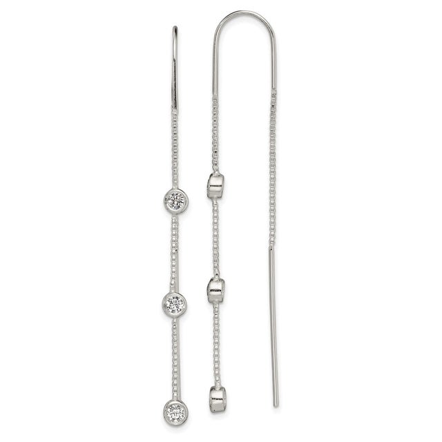 Sterling Silver Threader Earrings with Cubic Zirconia, Box Chain, Minimalist Dangle Style